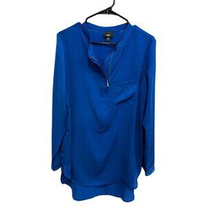 Mossimo Blue Zip Neckline Chest Pocket  Long Sleeve Blouse Size L Casual Modern